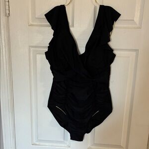 Black Ruffle One-Piece with stomach cut out Swim by Aidonger